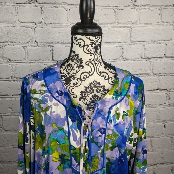 Susan Graver Women's Long Sleeve Stretch Knit Floral Print Sz L Top Tie Front B6 - Picture 2 of 12